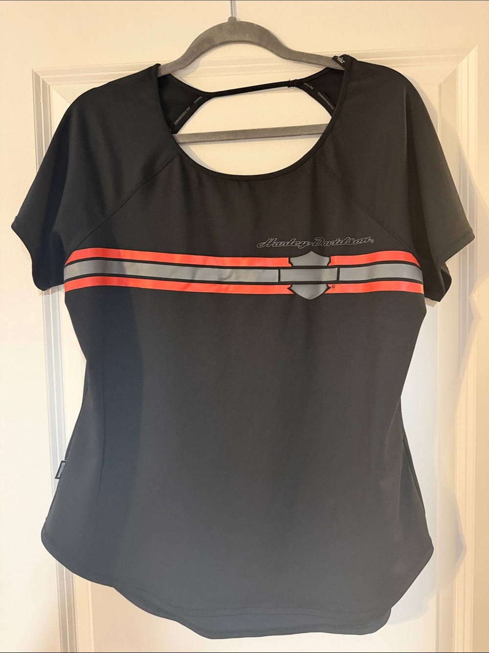 Harley-Davidson Women’s Black Short-Sleeve Top with Red and Gray Stripes